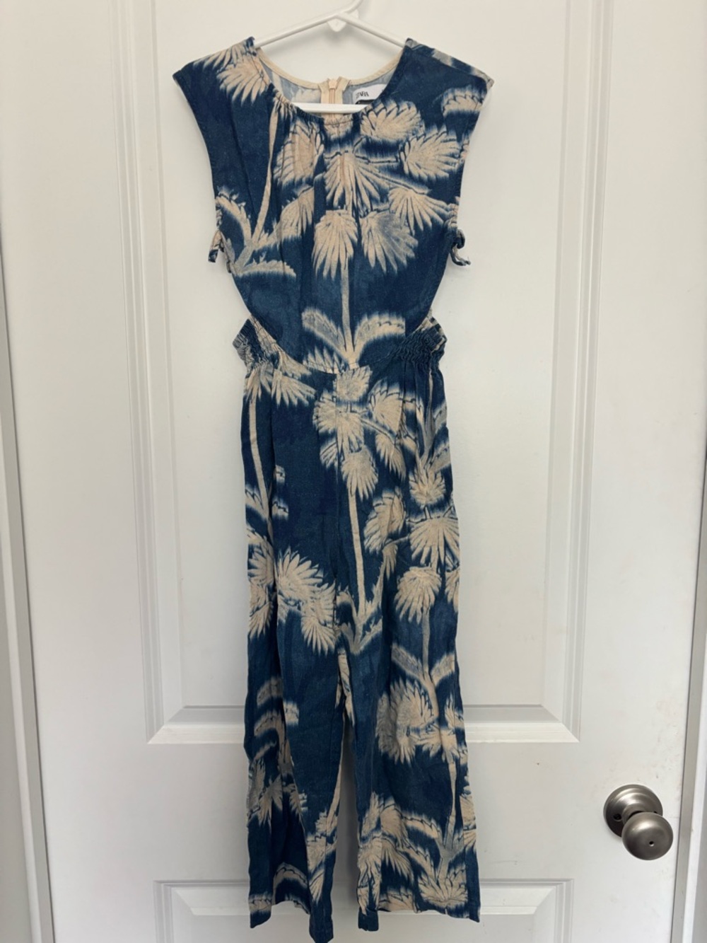 Zara girls Blue and Cream Palm-Print Jumpsuit